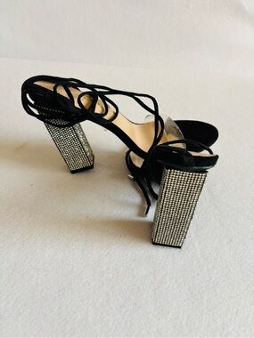 Black Lace-Up Block Heel Sandals Size 7 Clear Toe Strap Rhinestone Heels 4 Inch